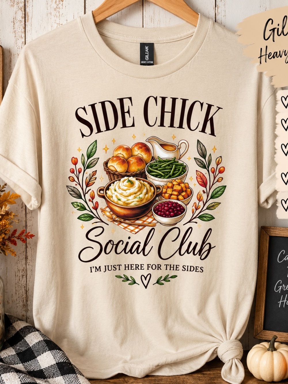Gildan Cream Short Sleeve Tee with Colorful Thanksgiving Sides Graphic